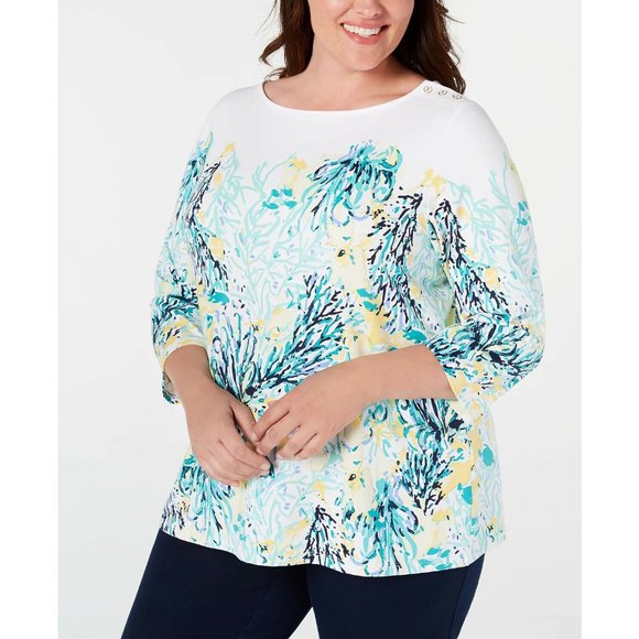 Charter Club Tops - Charter Club Button-Trim Printed 3/4 Sleeve Top